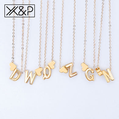Gold Long Link Chain Small Letter Heart Initial Pendant Necklaces - Melodiess